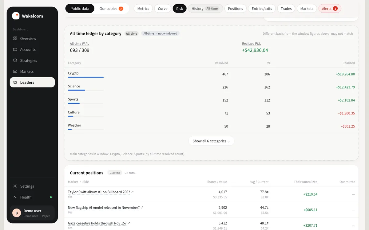 Full-history ledger and current positions on a leader page